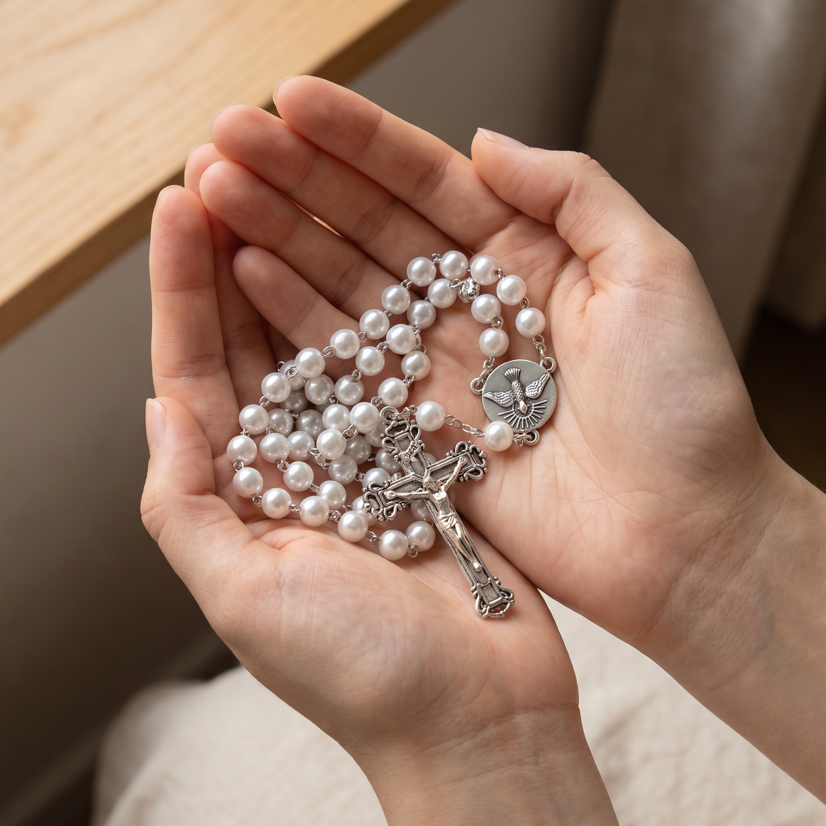 Handmade Pearl Style Traditional Catholic Rosary - White