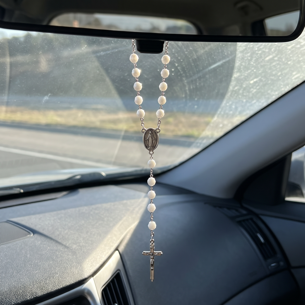 Handmade Faceted Catholic Rosary - Modern Design for Cars - White