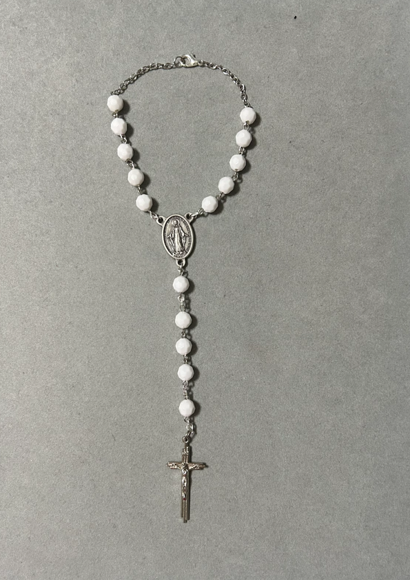 Handmade Faceted Catholic Rosary - Modern Design for Cars - White