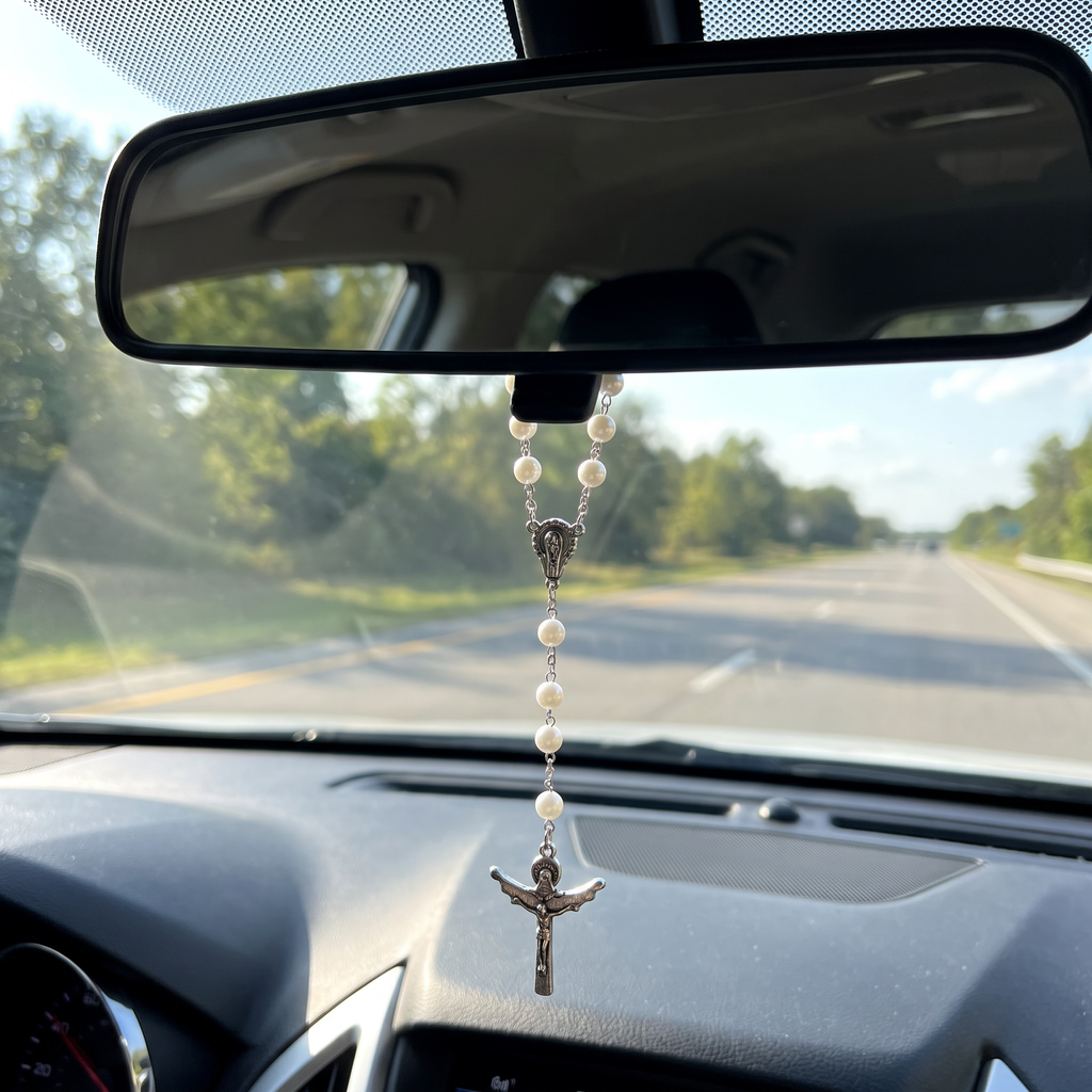 Handmade Pearl Style Catholic Rosary - Modern Design for Cars - White Pearl